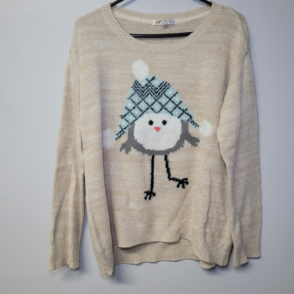 Jolt Winter Bird Sweater Tan Juniors Large Graphic Knit Pullover Crewneck